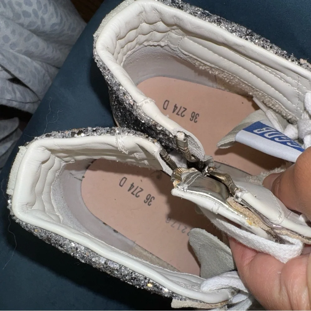 New Size 36 Golden Goose Slide Glitter High Top Sneakers Silver Ice White